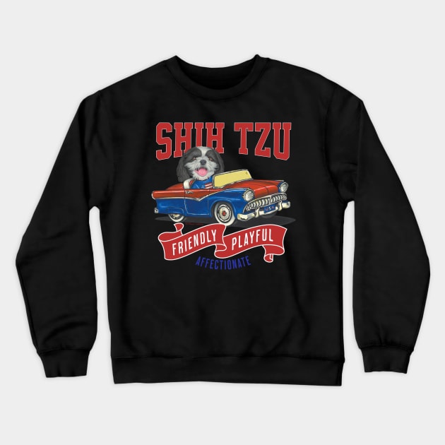 Cute Shih Tzu dog in a funny vintage classic retro car with red white and blue flags Crewneck Sweatshirt by Danny Gordon Art